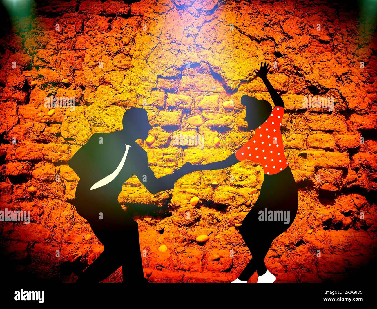 Silhouette Paar Tanz, an der Wand Hintergrund & Licht Reflexion Stockfoto