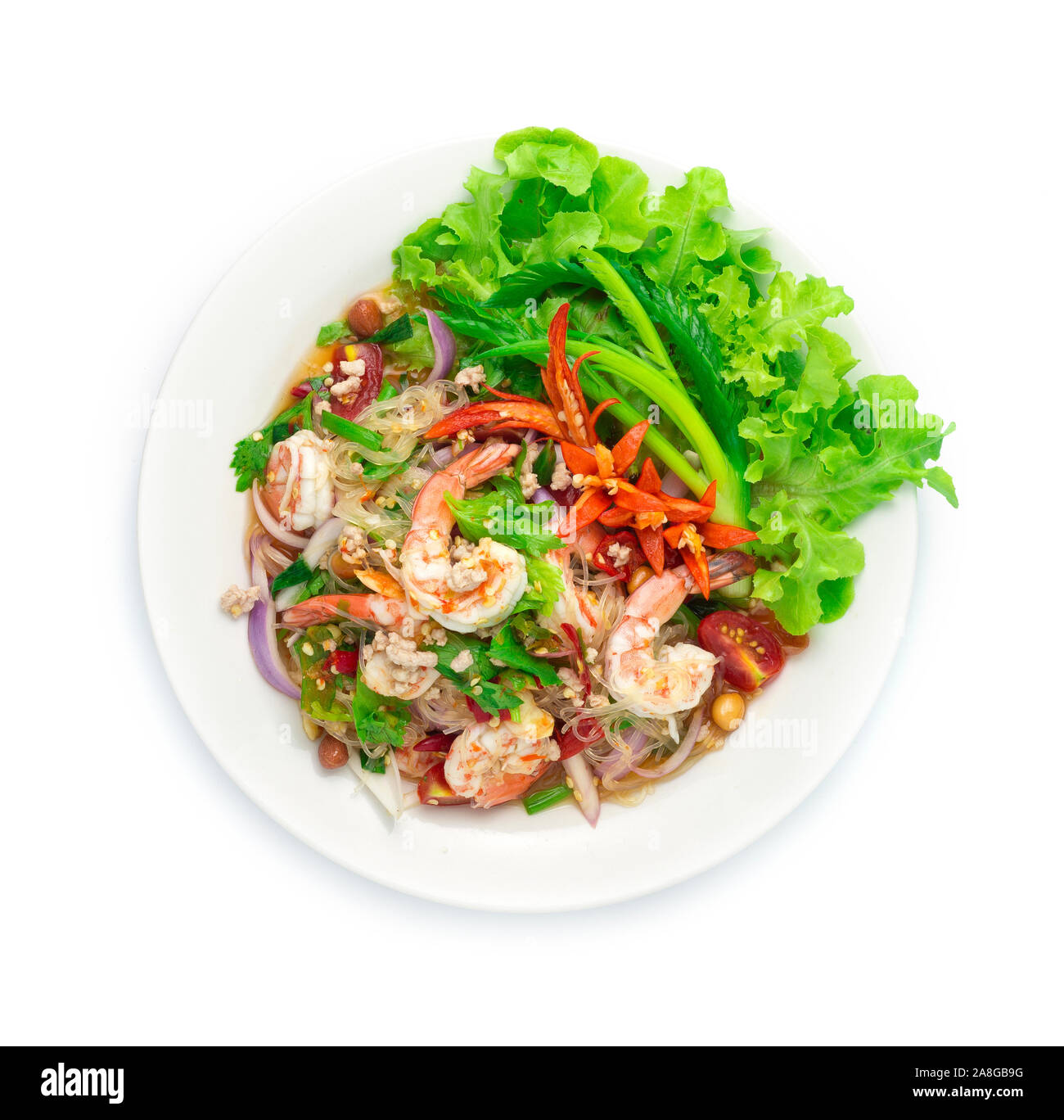 Pikanter Salat Nudeln Nudeln mit Garnelen und Schweinehack, Gemüse ...