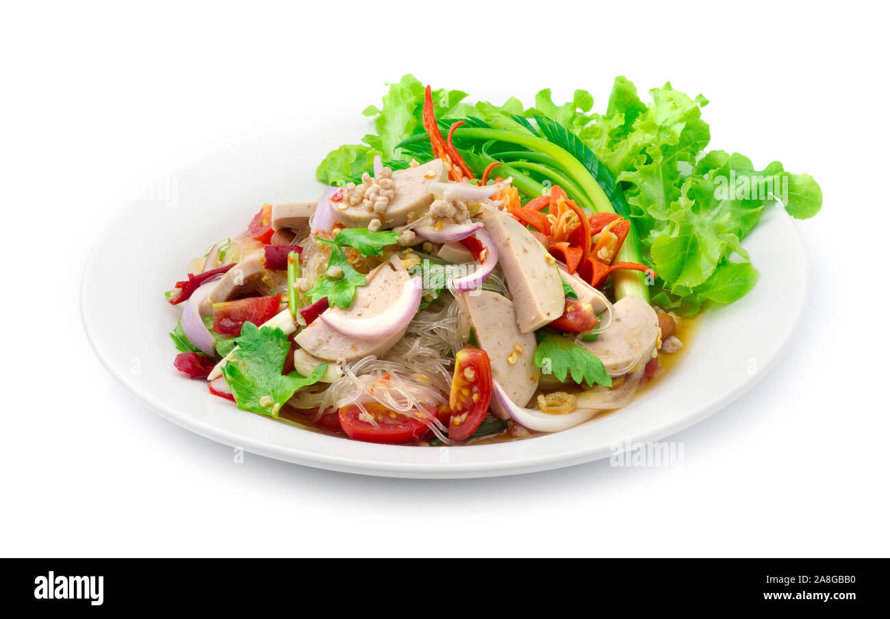 Pikanter Salat Nudeln Nudeln mit vietnamesischen Schweinefleisch Saucesage und Hackfleisch Schwein, Gemüse, Pikanten lecker Thai Essen Fusion Style dekorieren geschnitzten cucum Stockfoto