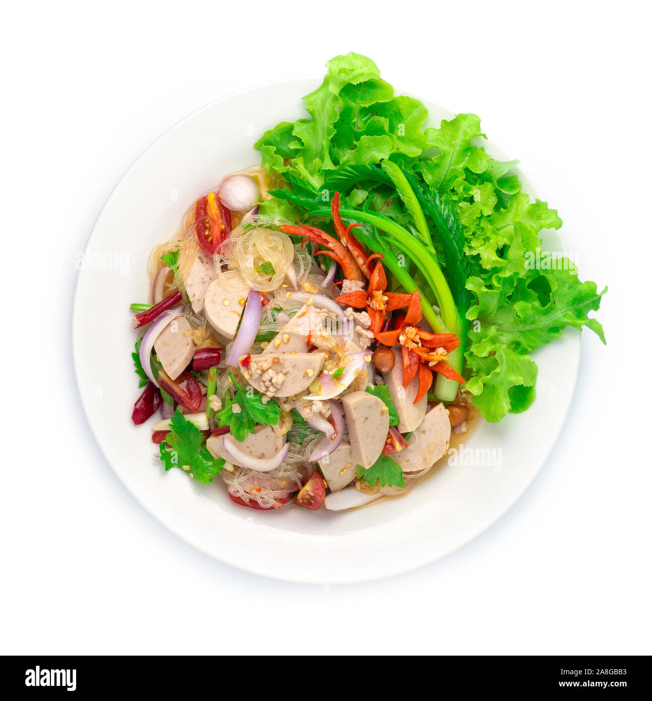 Pikanter Salat Nudeln Nudeln mit vietnamesischen Schweinefleisch Saucesage und Hackfleisch Schwein, Gemüse, Pikanten lecker Thai Essen Fusion Style dekorieren geschnitzten cucum Stockfoto