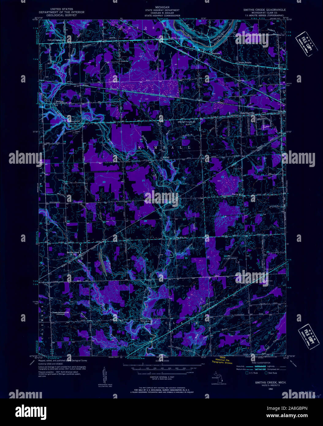 USGS TOPO Karte Michigan MI Smiths Creek 277241 1952 24000 invertiert Stockfoto