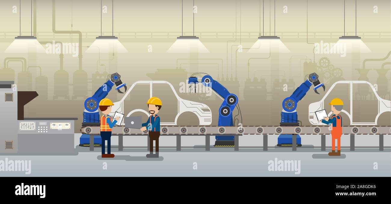Automation Automobilwerk Konzept mit Roboter in der autofabrik Vector Illustration Stock Vektor