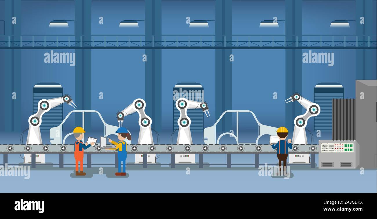 Automation Automobilwerk Konzept mit Roboter in der autofabrik Vector Illustration Stock Vektor