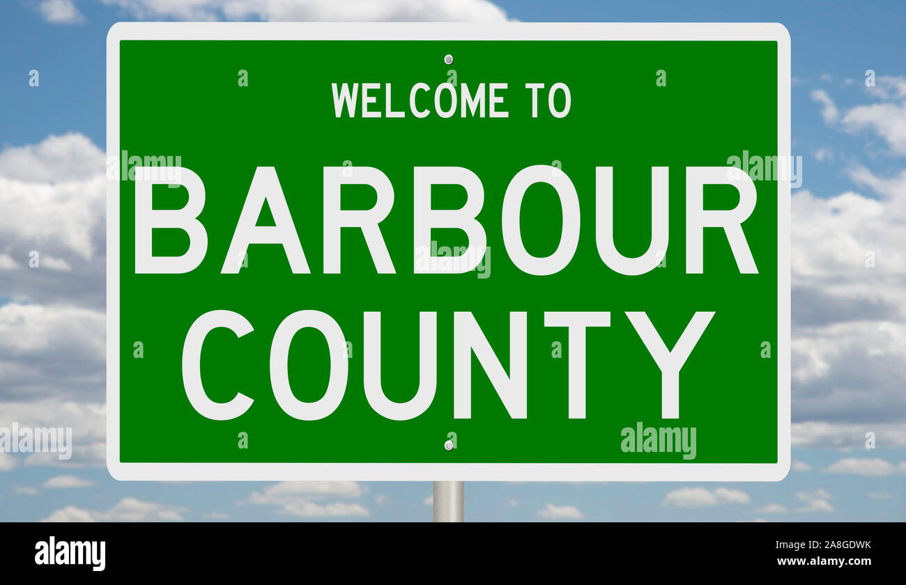Rendering von einem grünen 3d Autobahn Zeichen für Barbour County Stockfoto
