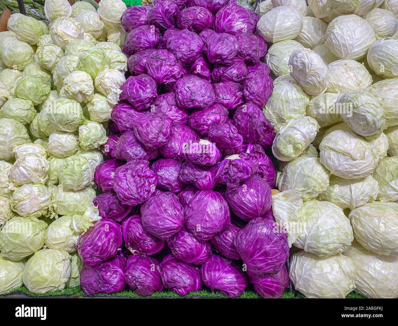 Violett und Grün Kohl im Supermarkt für gesundes Konzept Stockfoto