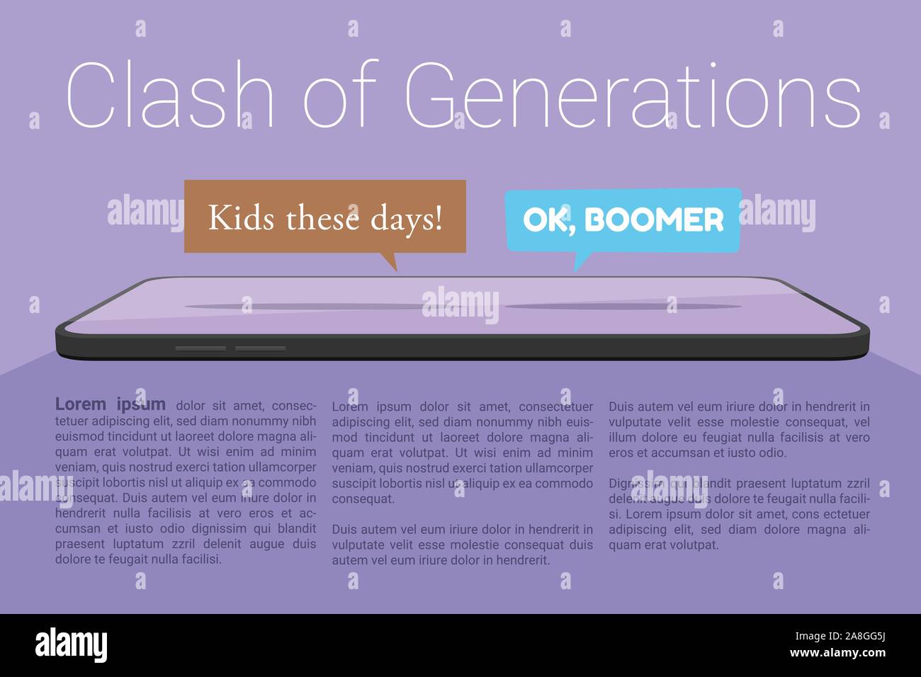 Der Vektor der Smartphone- und zwei chat Blasen, OK Boomer und Kinder diesen Tag, stellt soziale Medien Konflikt zwischen Baby boomers und jüngeren Generationen Stock Vektor
