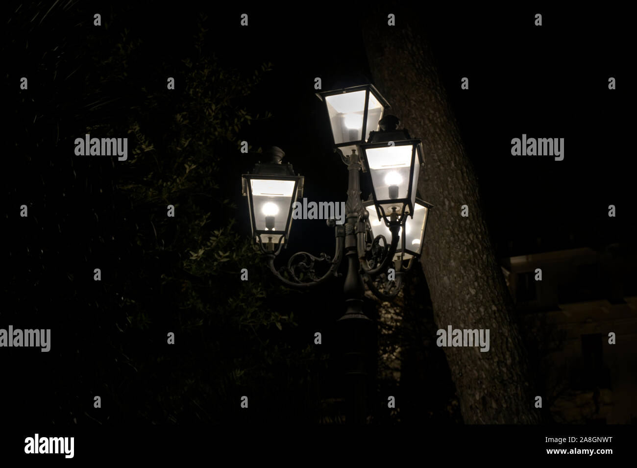 Vier elektrische Lampen an einem Laternenpfahl in der Nacht. Moody's dunklen Schoß mit Bäumen im Hintergrund Stockfoto