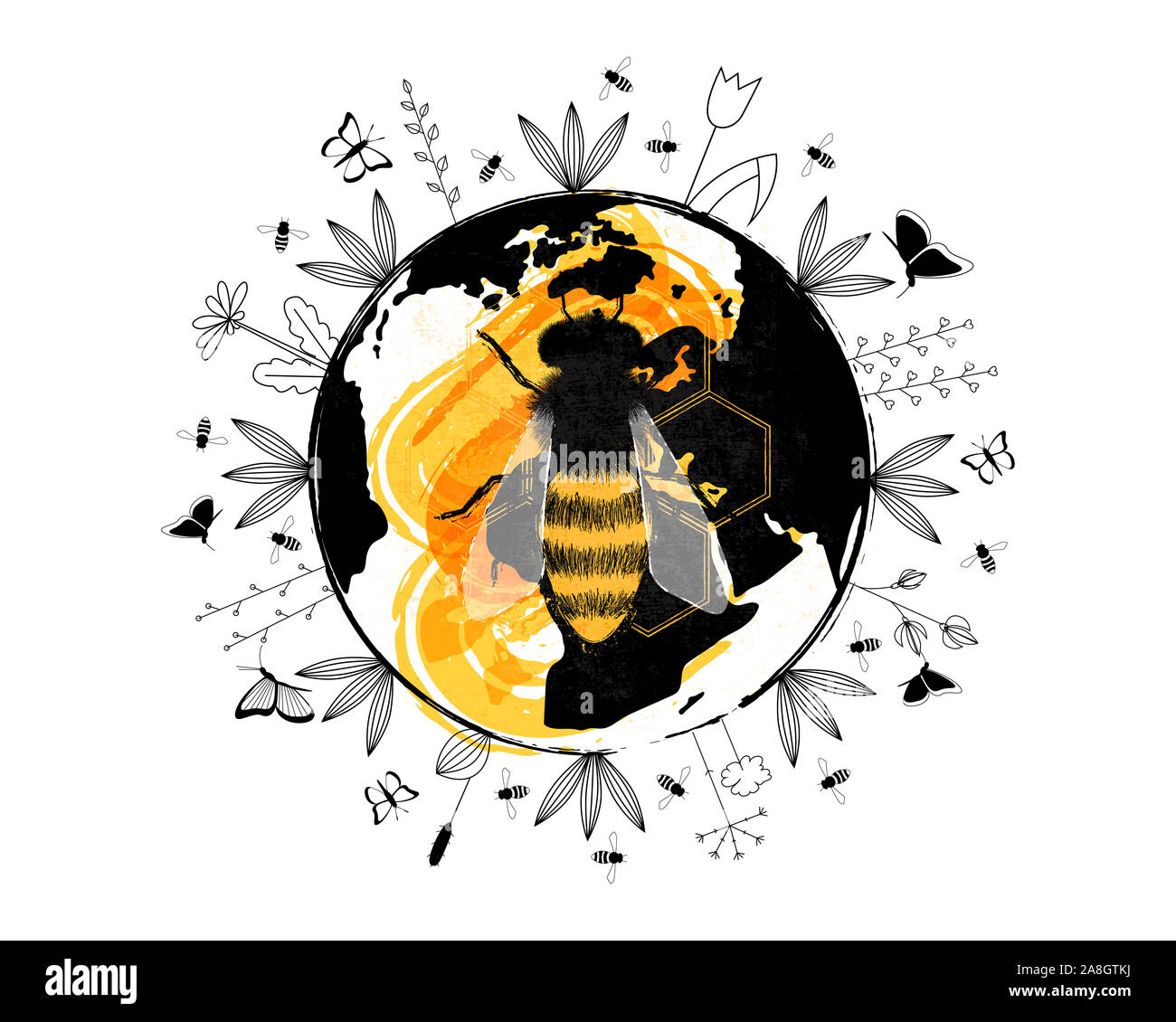 Der Planet Erde mit Blumen, Schmetterlinge und Bienen um und Big honey bee in der Mitte. Stockfoto