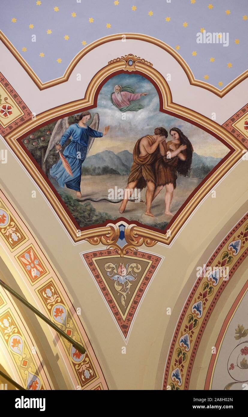 Adam und Eva aus dem Paradies vertrieben, Fresko in der Kirche des hl. Matthäus in Stitar, Kroatien Stockfoto