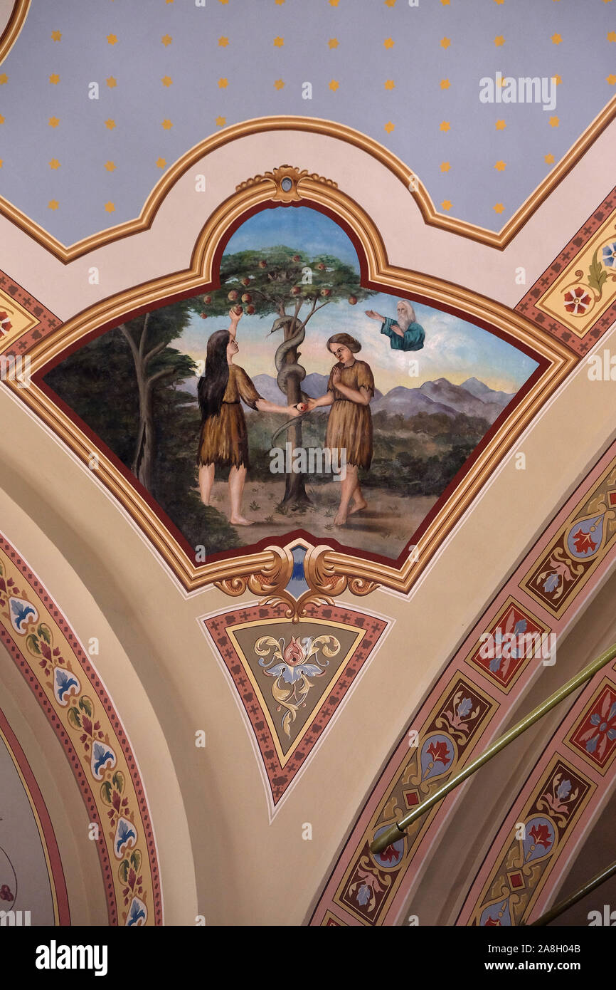 Adam und Eva im Paradies, Fresko in der Kirche des hl. Matthäus in Stitar, Kroatien Stockfoto