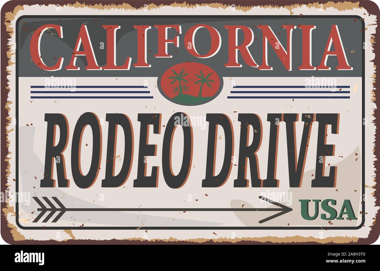 RODEO DRIVE rusty Zinn Metallplatte DRUCKEN VEKTOR Stock Vektor