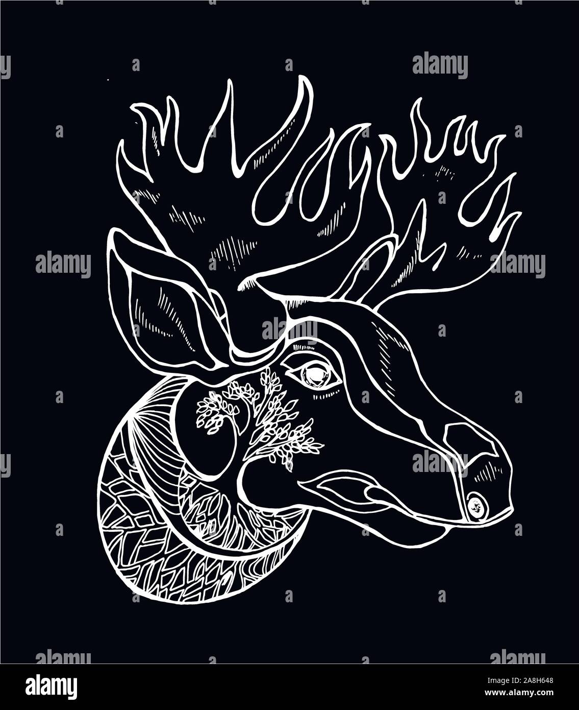 Abbildung: ein Elch mit Hörnern, Ornament. Idee für Tattoo. Stock Vektor