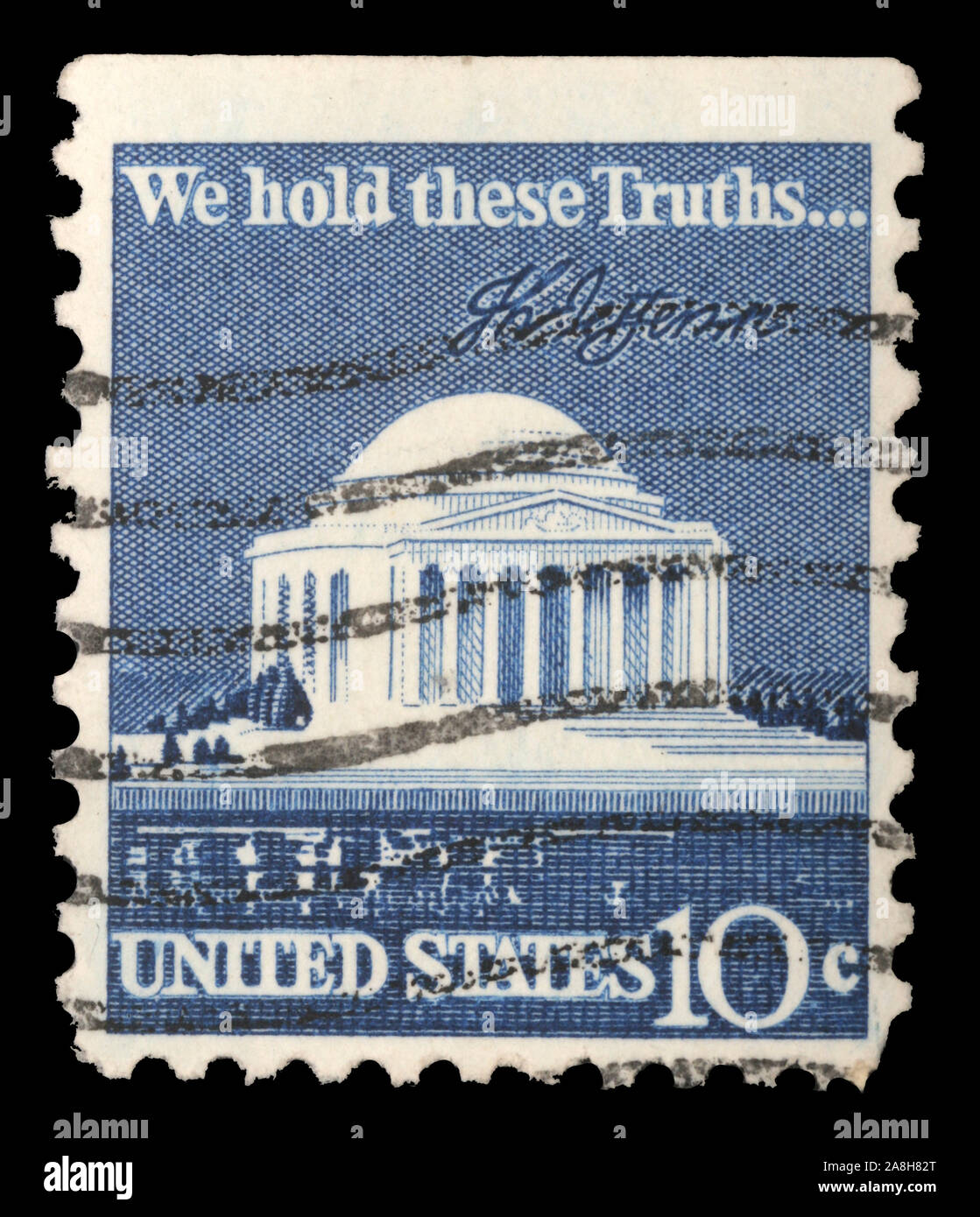 Briefmarke gedruckt in den USA zeigt Thomas Jefferson Memorial und Unterschrift, ca. 1973 Stockfoto