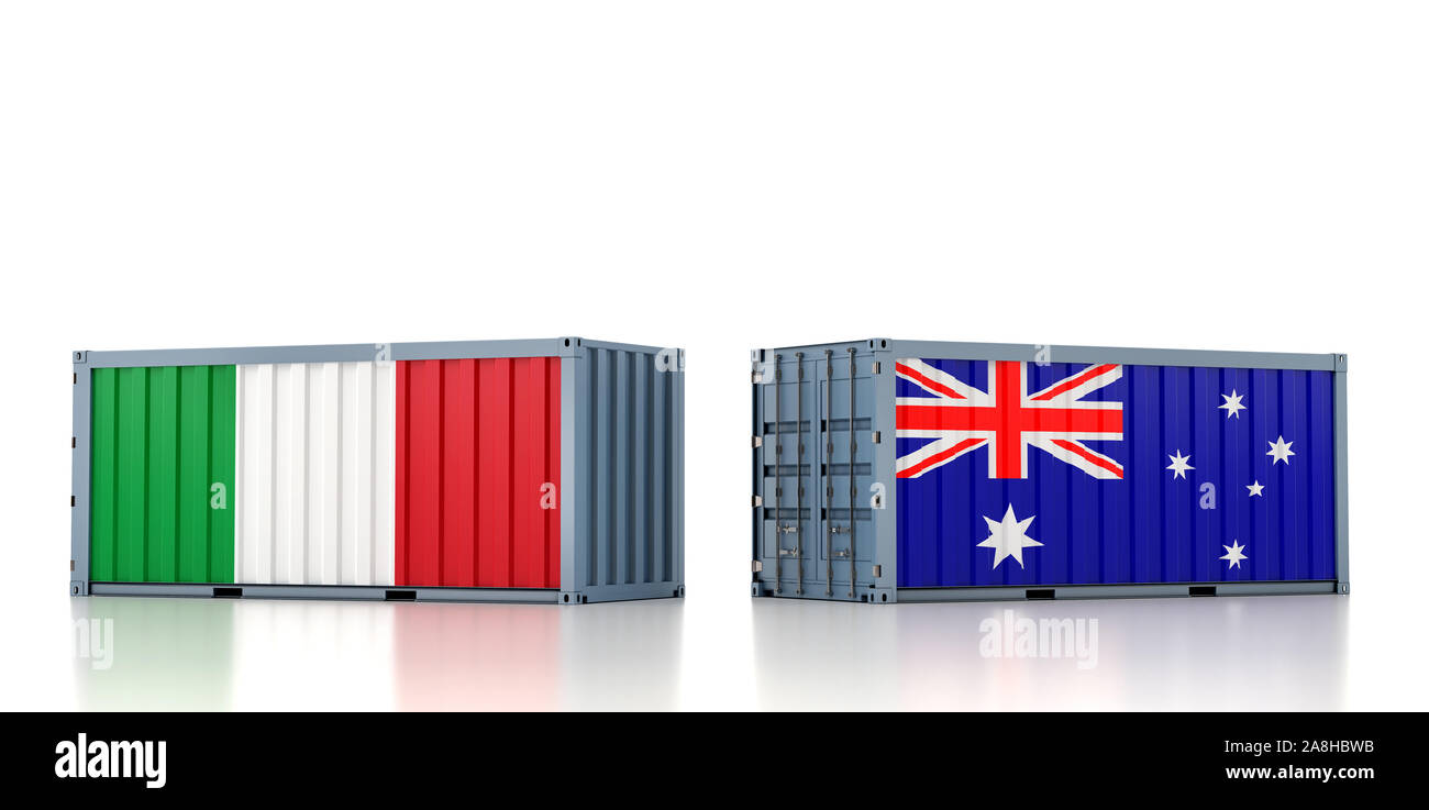 Zwei Frachtcontainer mit Italien und Australien Flagge. 3D-Rendering Stockfoto