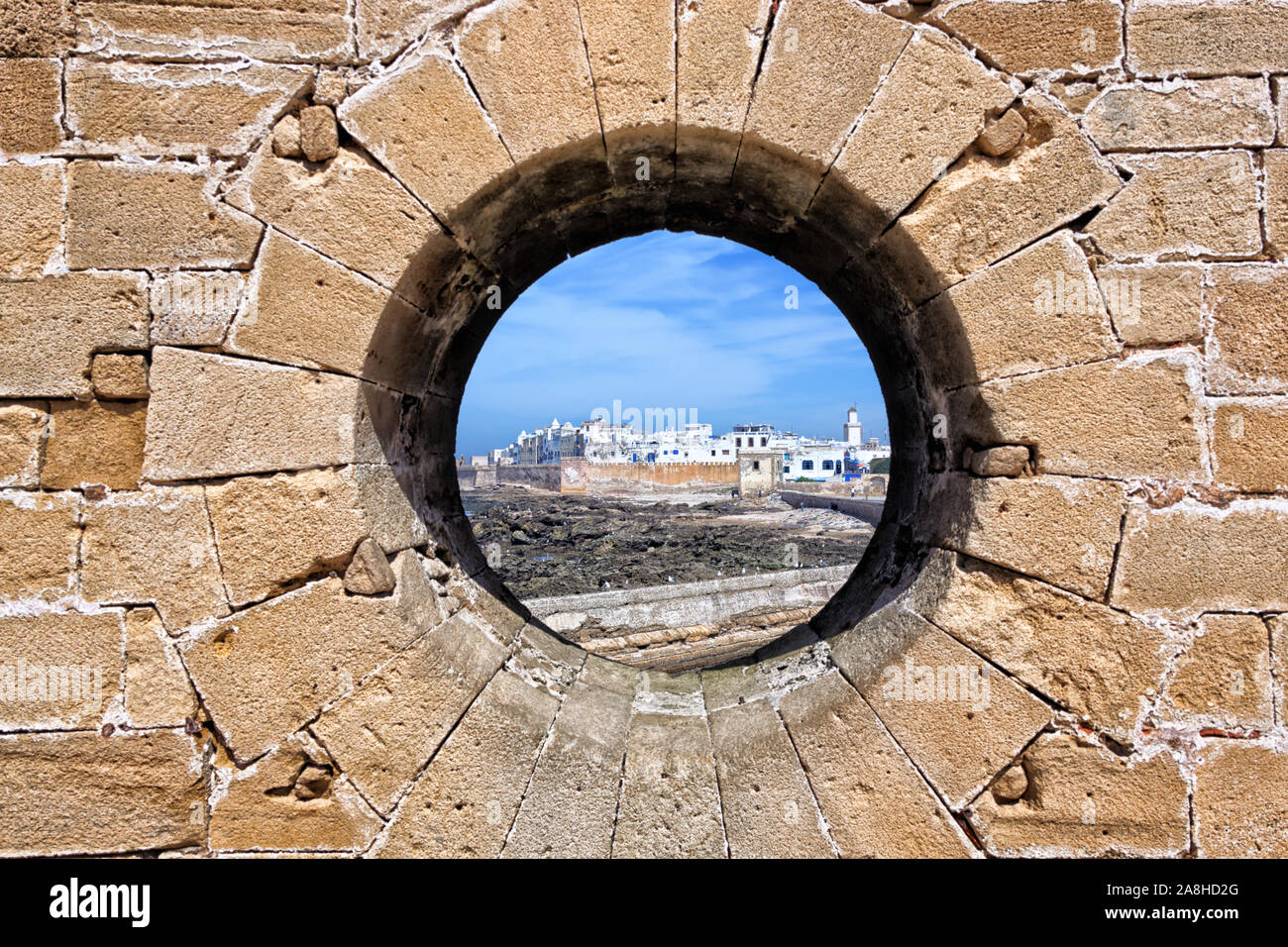 Anzeigen von Essaouira aus der Sqala du Port, in Marokko. Stockfoto