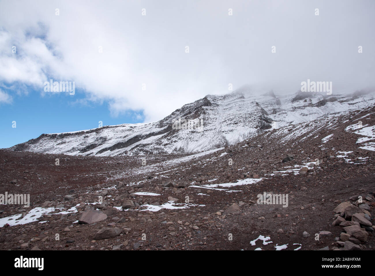 Western Ridge Route zum 6263 Meter hohen, eisbedeckten Vulkan Chimborazo in Ecuador. Stockfoto