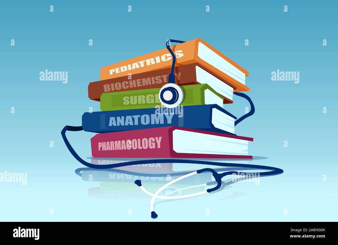 Der Vektor der ein Stethoskop und ein Haufen von medizinischen Büchern auf blauem Hintergrund Stock Vektor