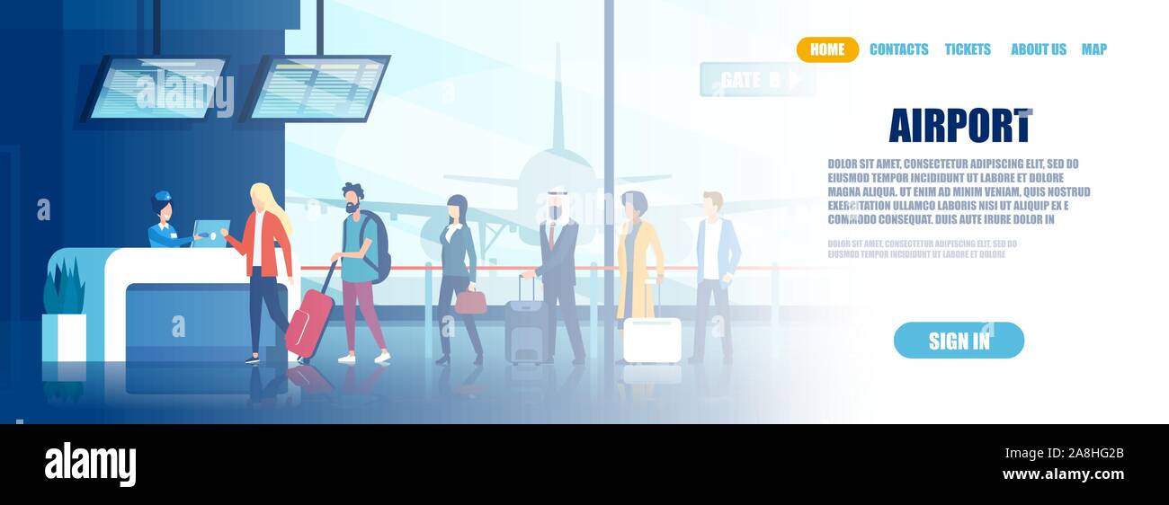 Vektor eines Flughafens einchecken, und die Gruppe der internationalen Passagieren stehen in der Warteschlange Stock Vektor