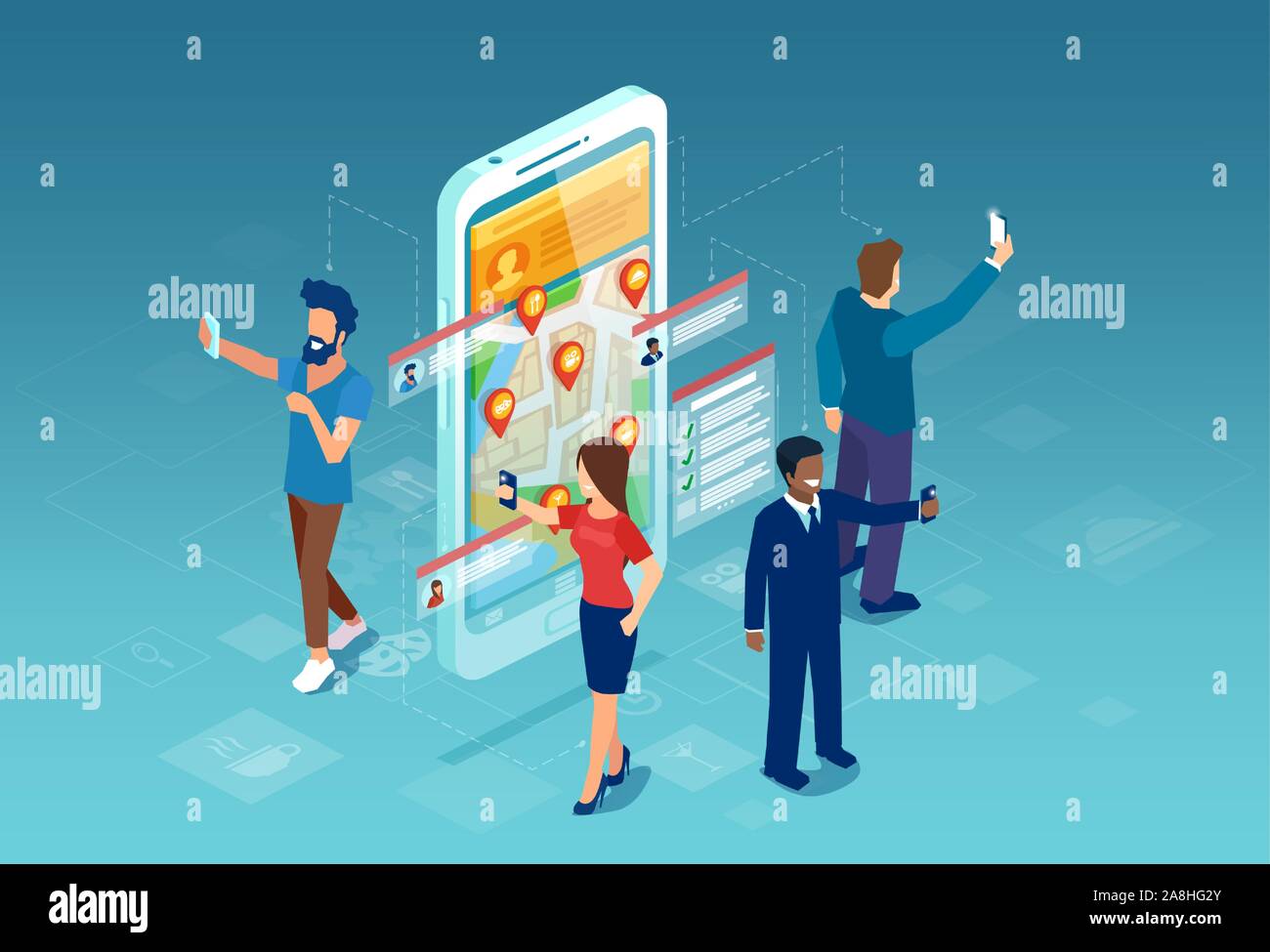 Social Media app Konzept. Der Vektor der Menschen online Community Mitglieder teilen Lage, Einchecken, Chat auf Smartphone App Stock Vektor
