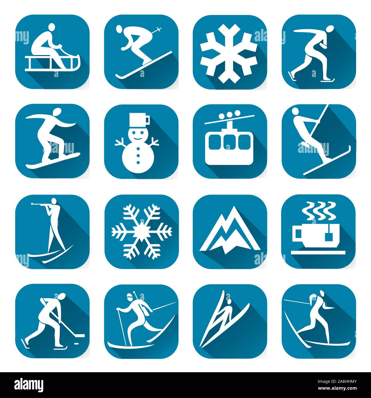 Winter Sport Symbol mit langen Schatten. Satz von Blue Winter Sport Icons mit Wintersportaktivitäten. Vektor zur Verfügung. Stock Vektor