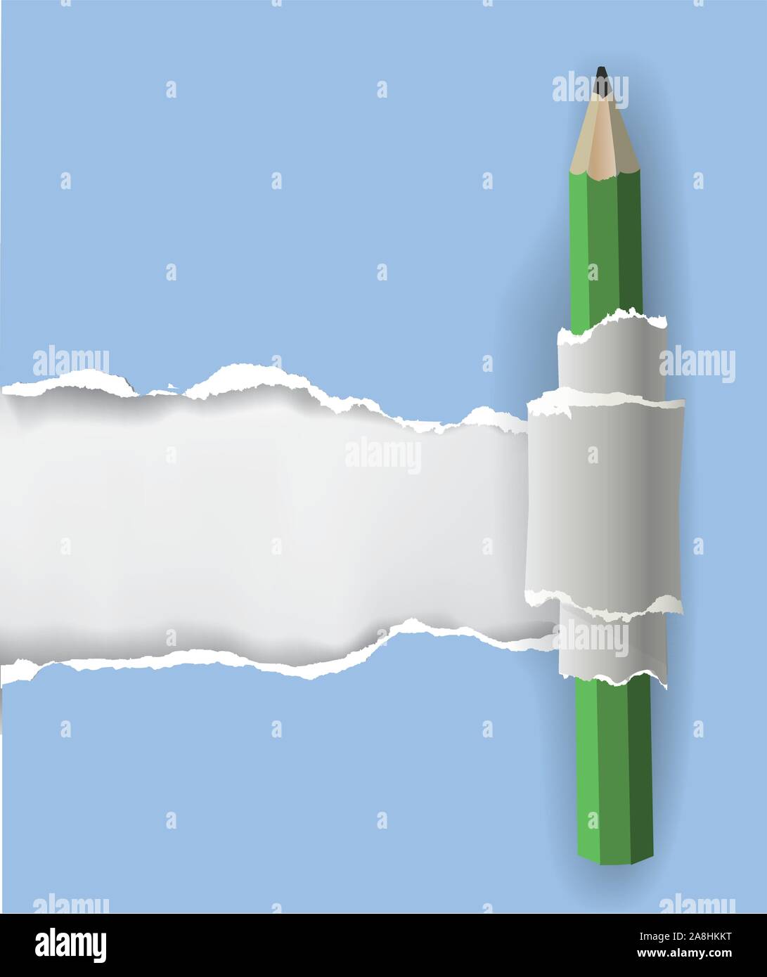 Rip-Papier Hintergrund mit Bleistift. Abbildung: Blaue zerrissene Papier Hintergrund mit grünem Bleistift. für ihren Text oder Bild. Vektor zur Verfügung. Stock Vektor
