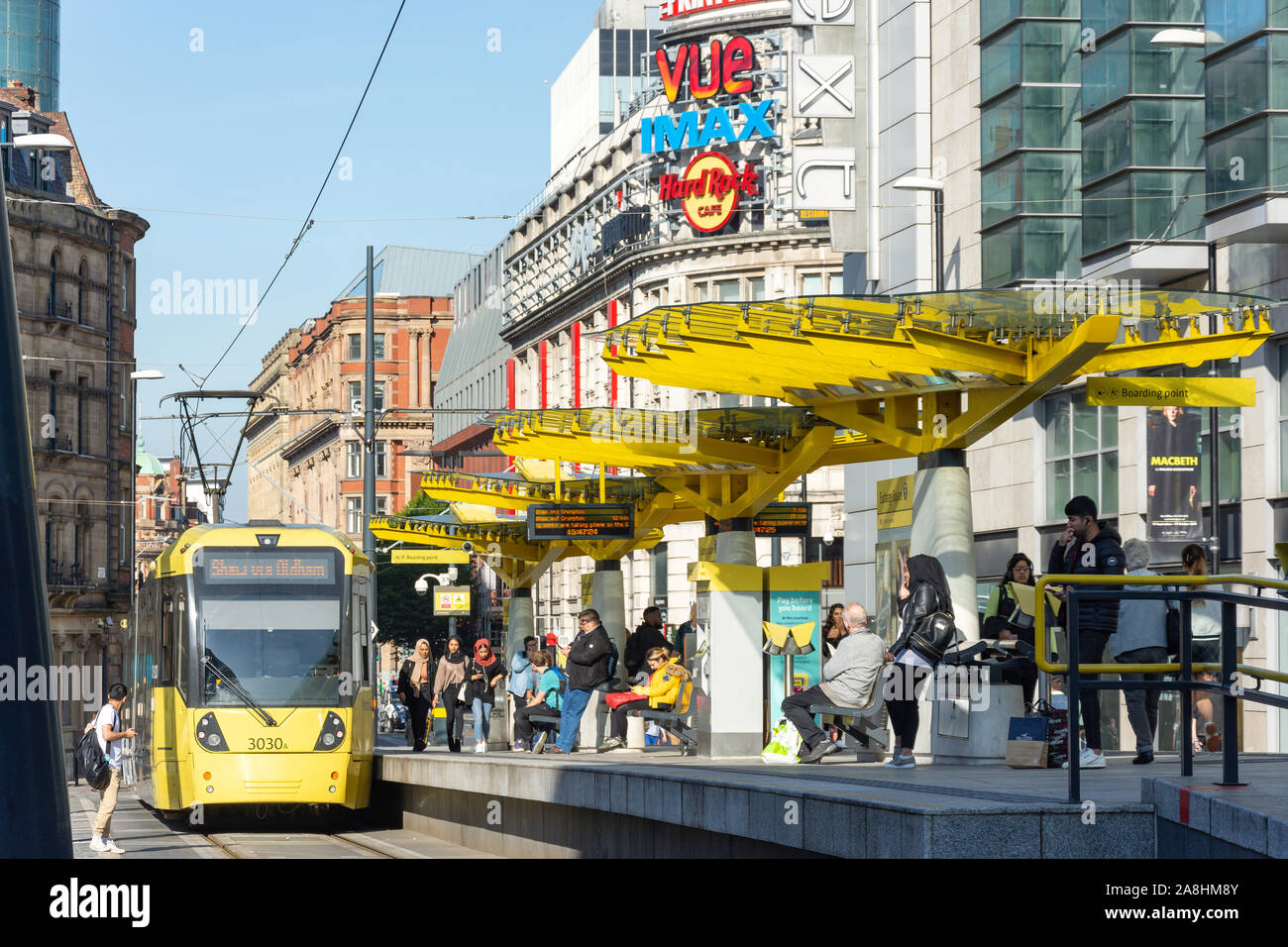 Manchester Metrolink Bahnhof Exchange Square Station, Exchange Square, Manchester, Greater Manchester, England, Vereinigtes Königreich Stockfoto