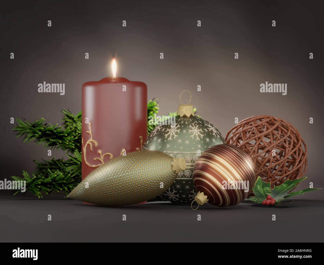 3D-Render von Weihnachten wreath Dekoration mit Kerzenlicht, Weihnachten Kugeln, tanne Zweig über dunklen braunen Hintergrund Stockfoto