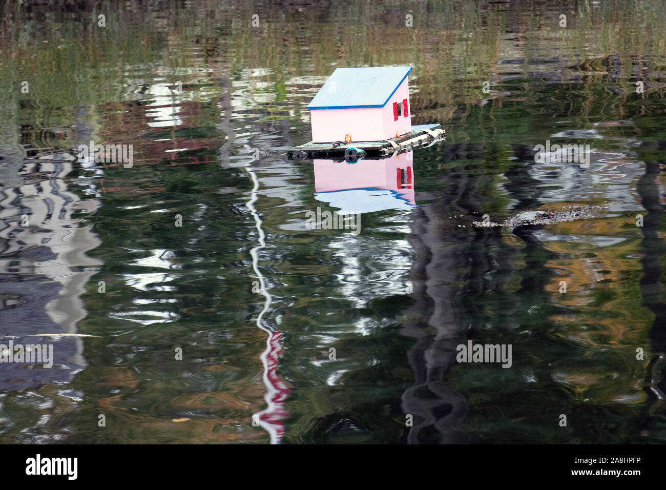 Kleines Modell Haus auf dem Wasser zu schweben. Stockfoto