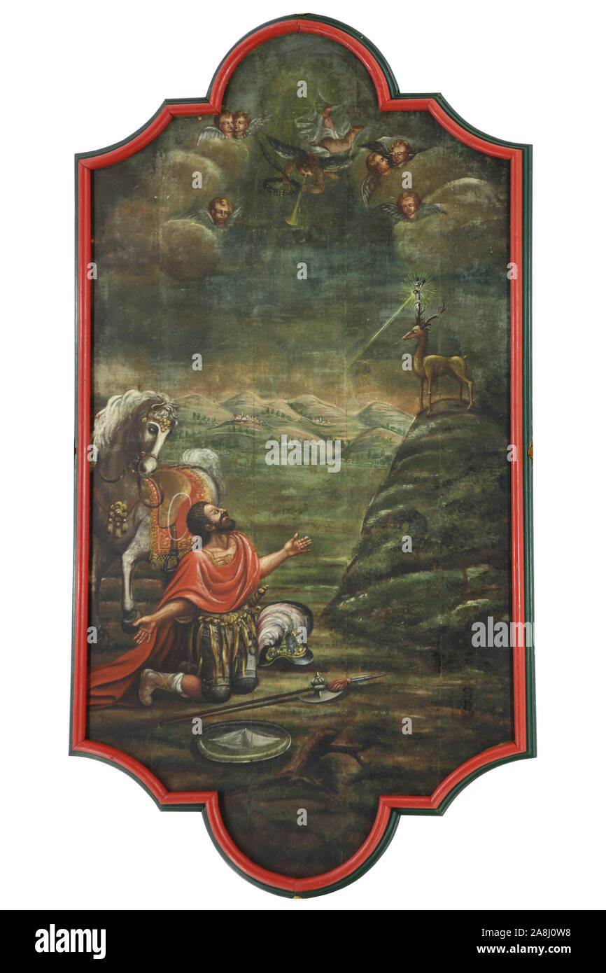 Szenen aus dem Leben von St. Eustache, Malerei an der Decke der Katholischen Kirche Saint Eustache in Dobrota, Montenegro Stockfoto