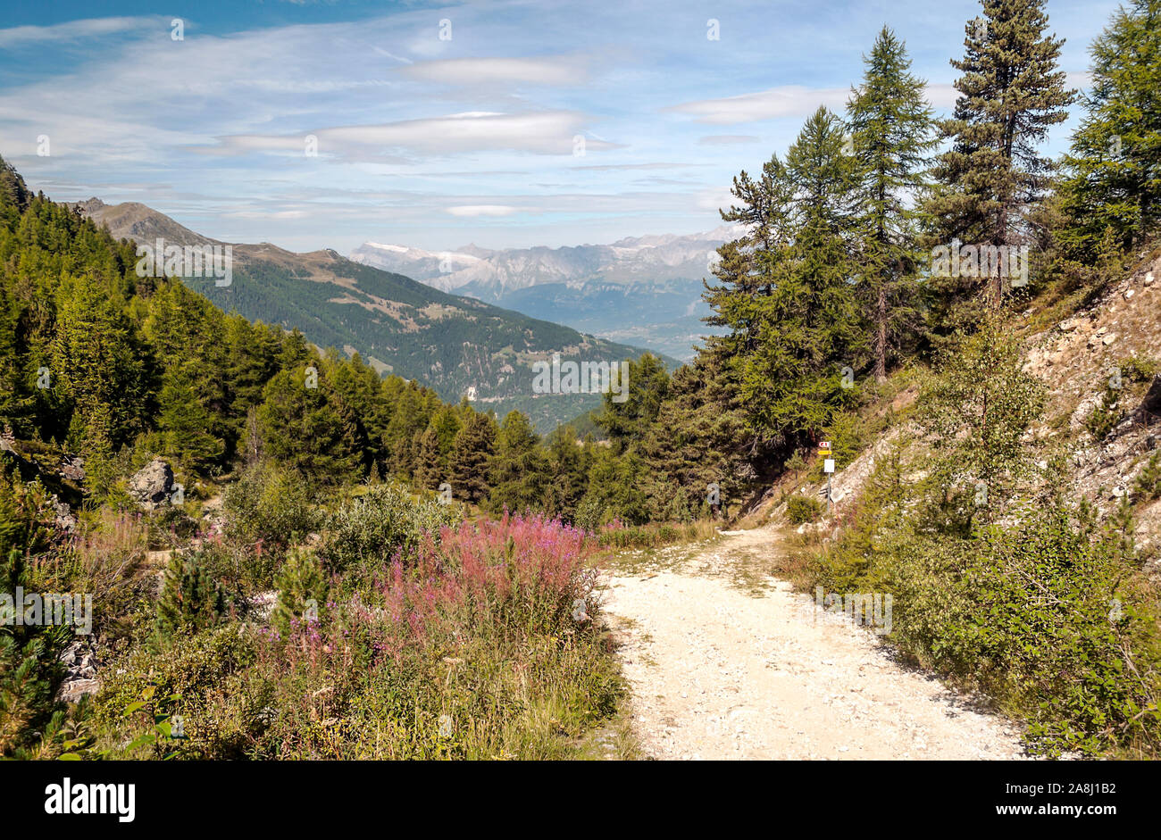 Berge der Schweizer Alpen in der Saint Luc Tal an einem sonnigen Tag. Stockfoto