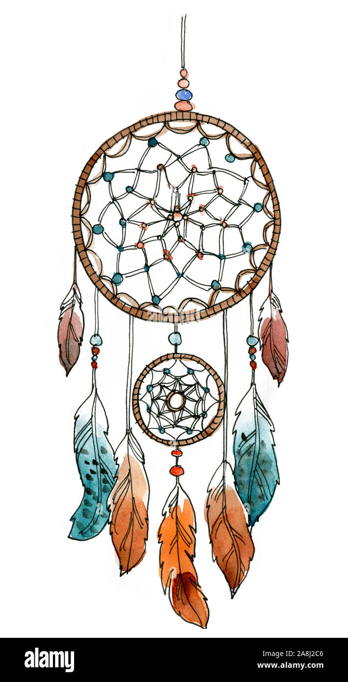 Dream Catcher, Aquarell, Federn, Dekoration. Abbildung boho Style auf der weißen bacground Stockfoto