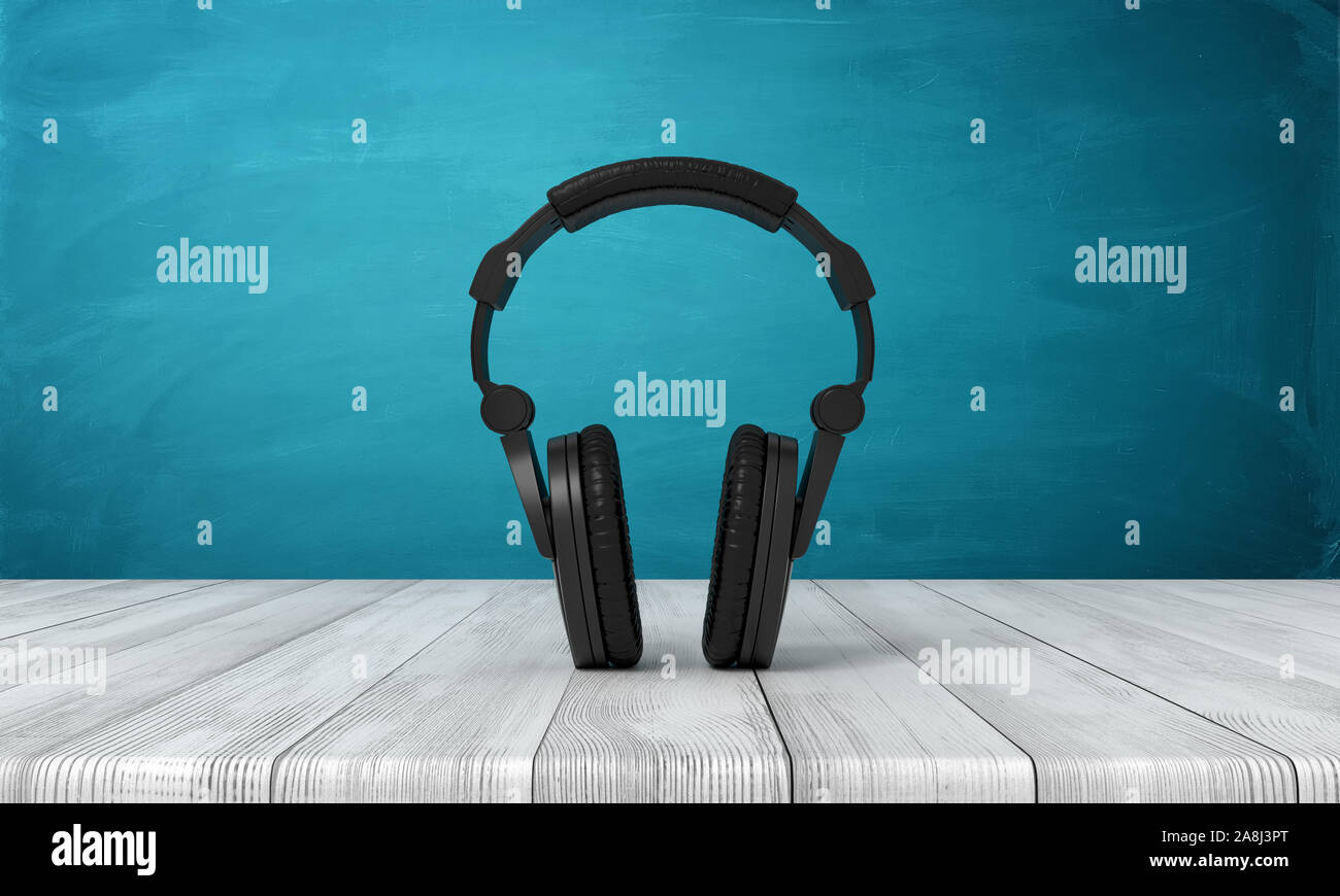 3D-Rendering von schwarz Kopfhörer auf weißem Holzfußboden und dunklen Türkis Hintergrund Stockfoto