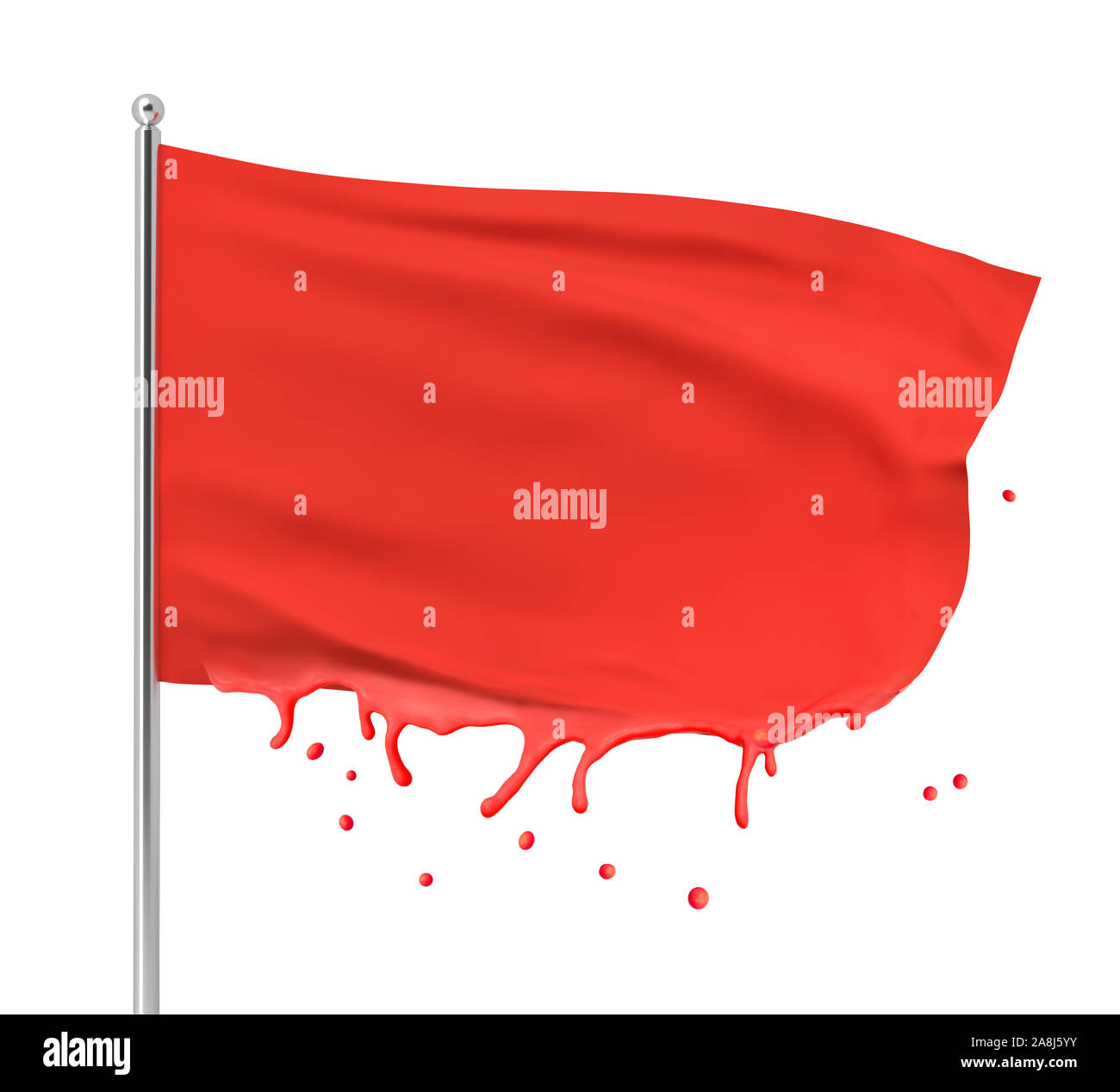 3D-Rendering der Roten Fahne im Wind mit unteren Rand schmelzen, auf weißem Hintergrund. Stockfoto