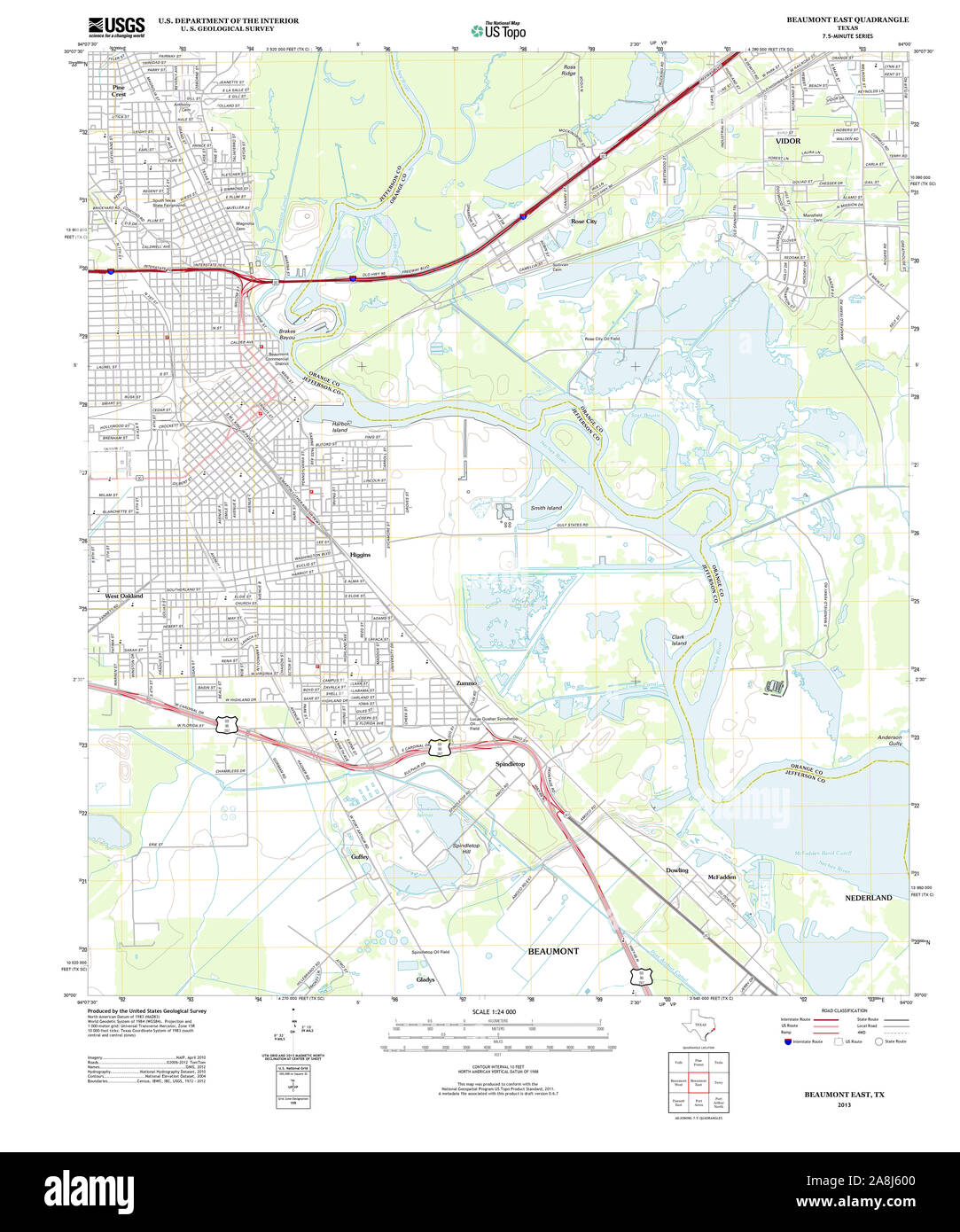 USGS TOPO Karte Texas TX Beaumont Osten 20130201 TM Wiederherstellung Stockfoto