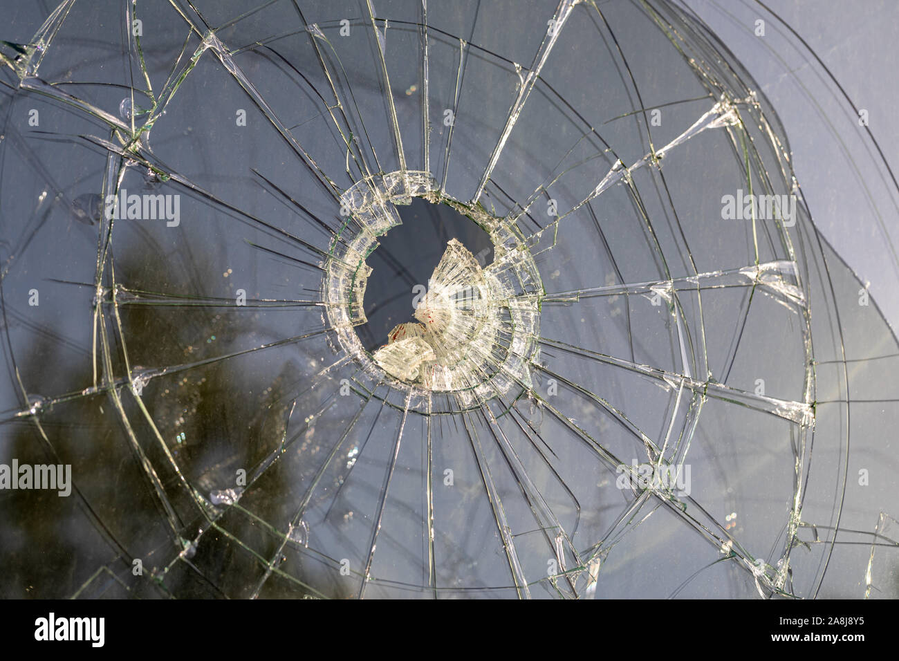 Fenster von einem Stein getroffen und in einem Spinnennetz Muster gebrochen Stockfoto