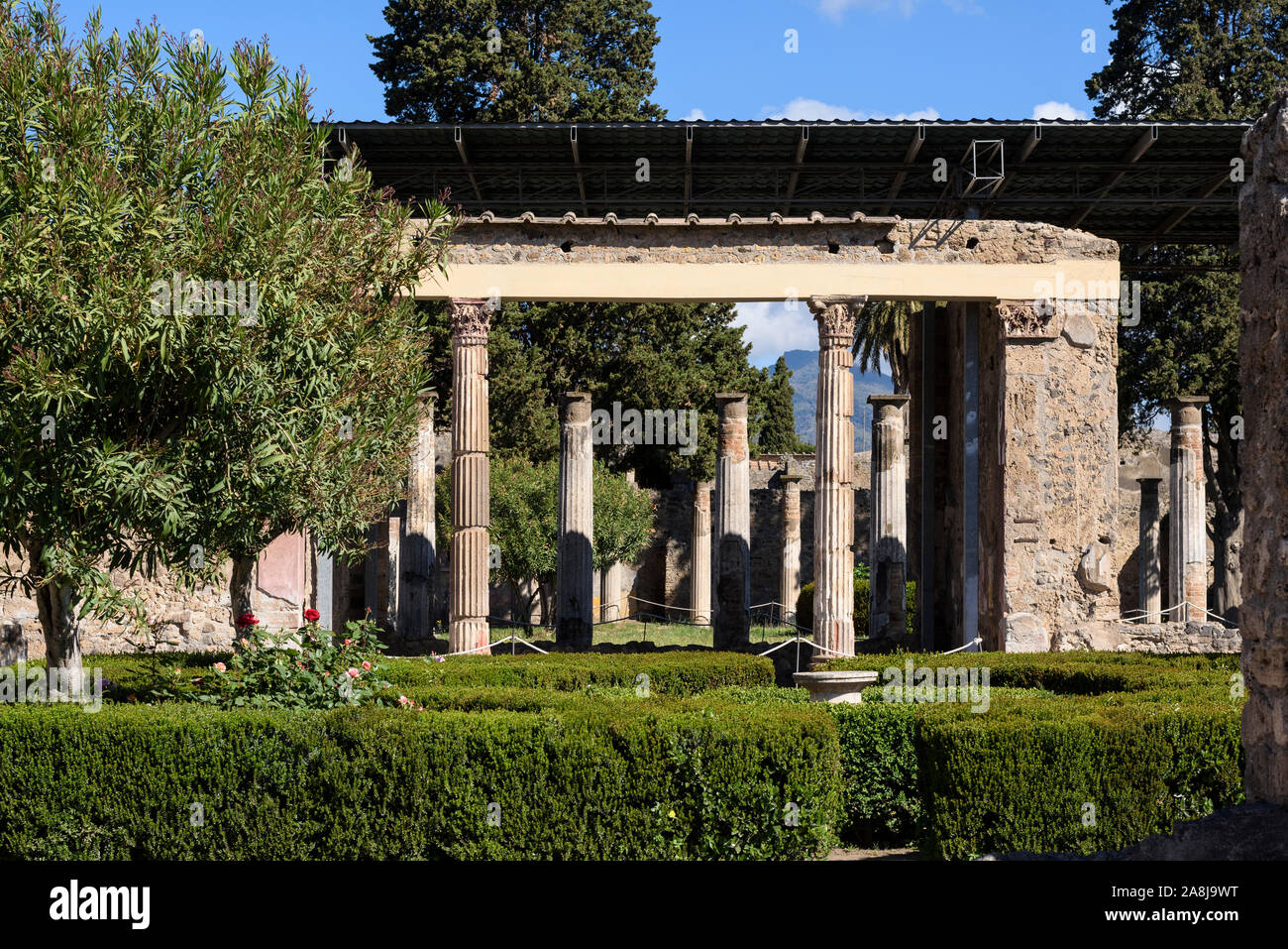 Pompei. Italien. Archäologische Stätte von Pompeji. Casa del Fauno/Haus des Faun. Die transversale Peristyl mit ionischen Säulen und geometrisch Desig Stockfoto