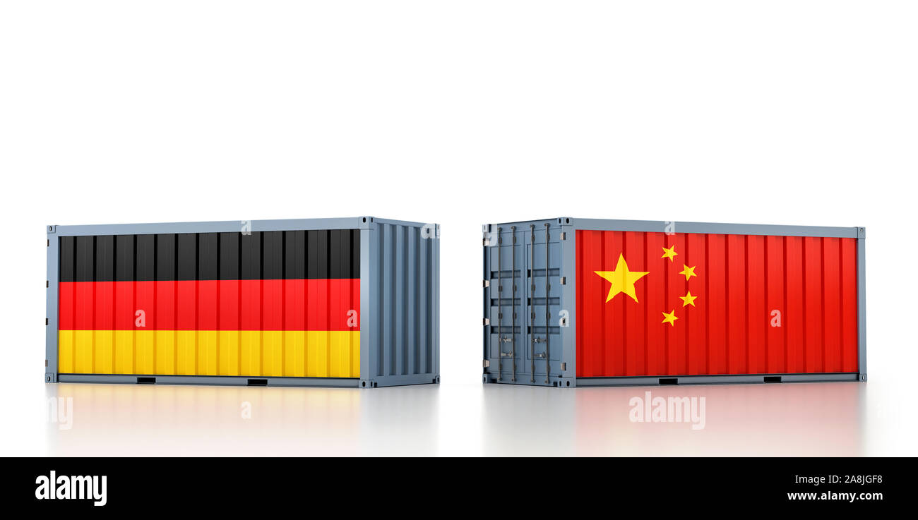 Zwei Frachtcontainer mit Deutschland und China Flagge. 3D-Rendering Stockfoto