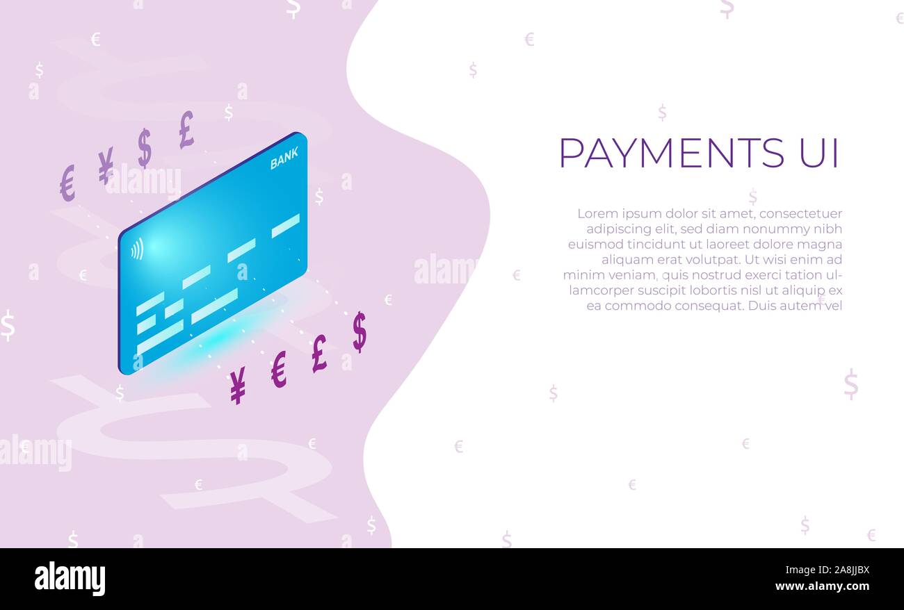 Isometrische Bank Kredit- oder Debitkarte. Zahlen oder Wechselstube Konzept auf einem dunklen blau leuchtenden Hintergrund. Teil von UI-Design für Anwendungen und Websites. Stock Vektor