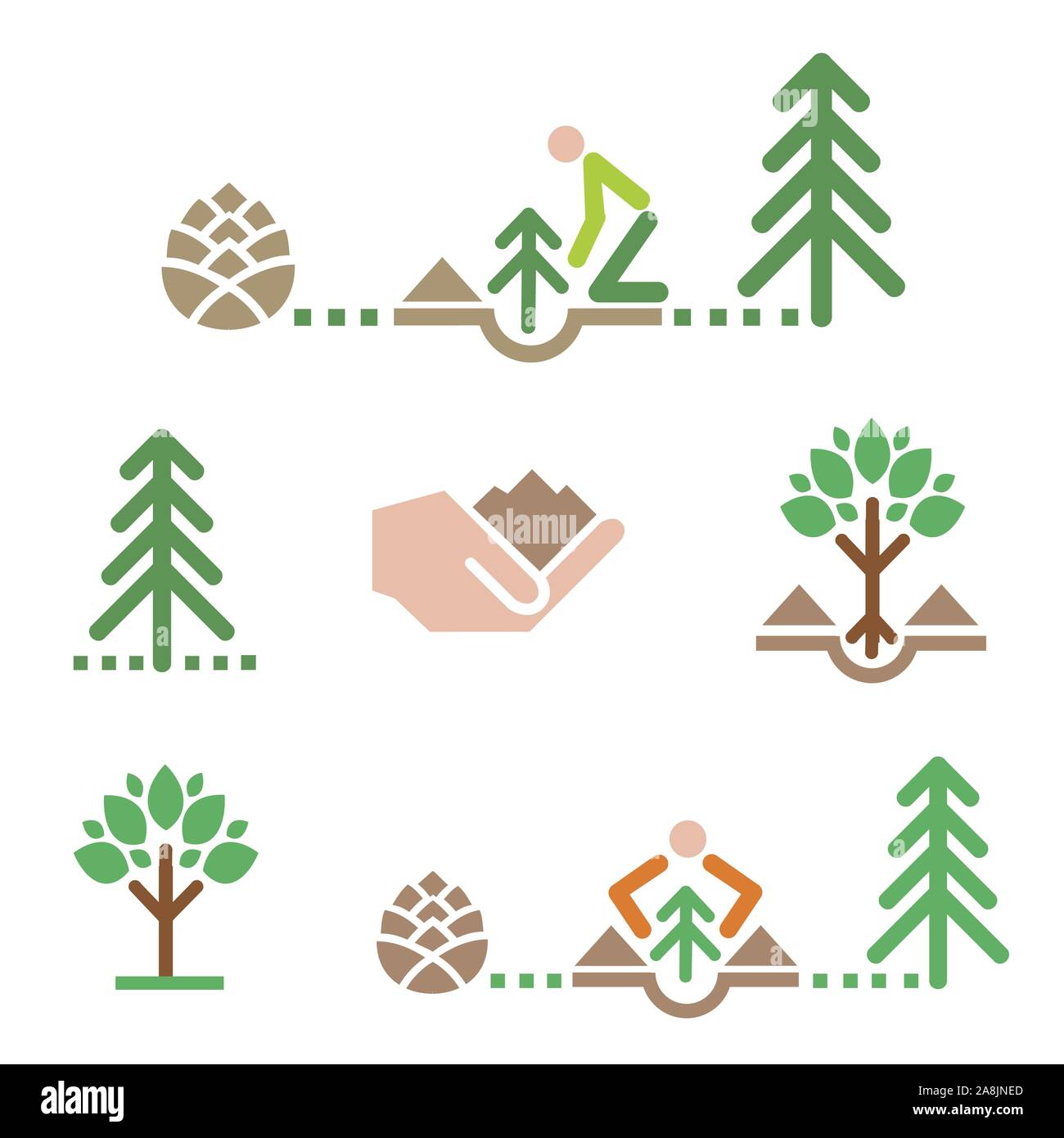 Baum Symbole, die Anpflanzung von Bäumen. Set aus bunten Icons mit Bäumen und Pflanzen von Bäumen. Vector zur Verfügung. Stock Vektor