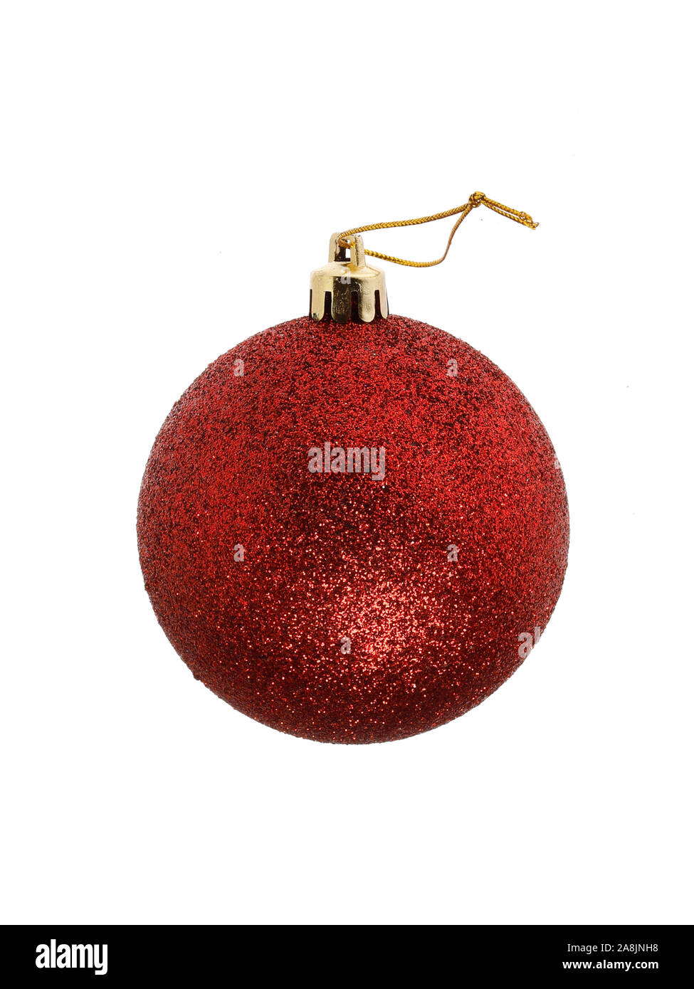 Rot matt Christmas tree Ball mit Schnur auf weißem Hintergrund. Stockfoto