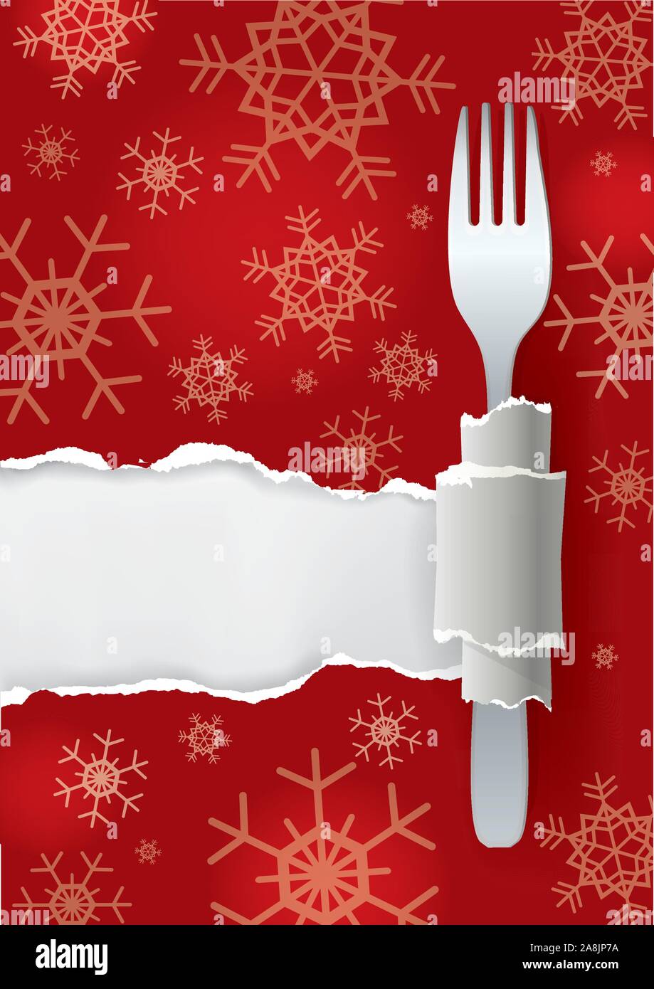 Menü Weihnachten rot gerippt Papier Hintergrund. Abbildung: Rot zerrissenes Papier mit Gabel und Schneeflocken. Für Ihren Text oder Bild. Vector zur Verfügung. Stock Vektor