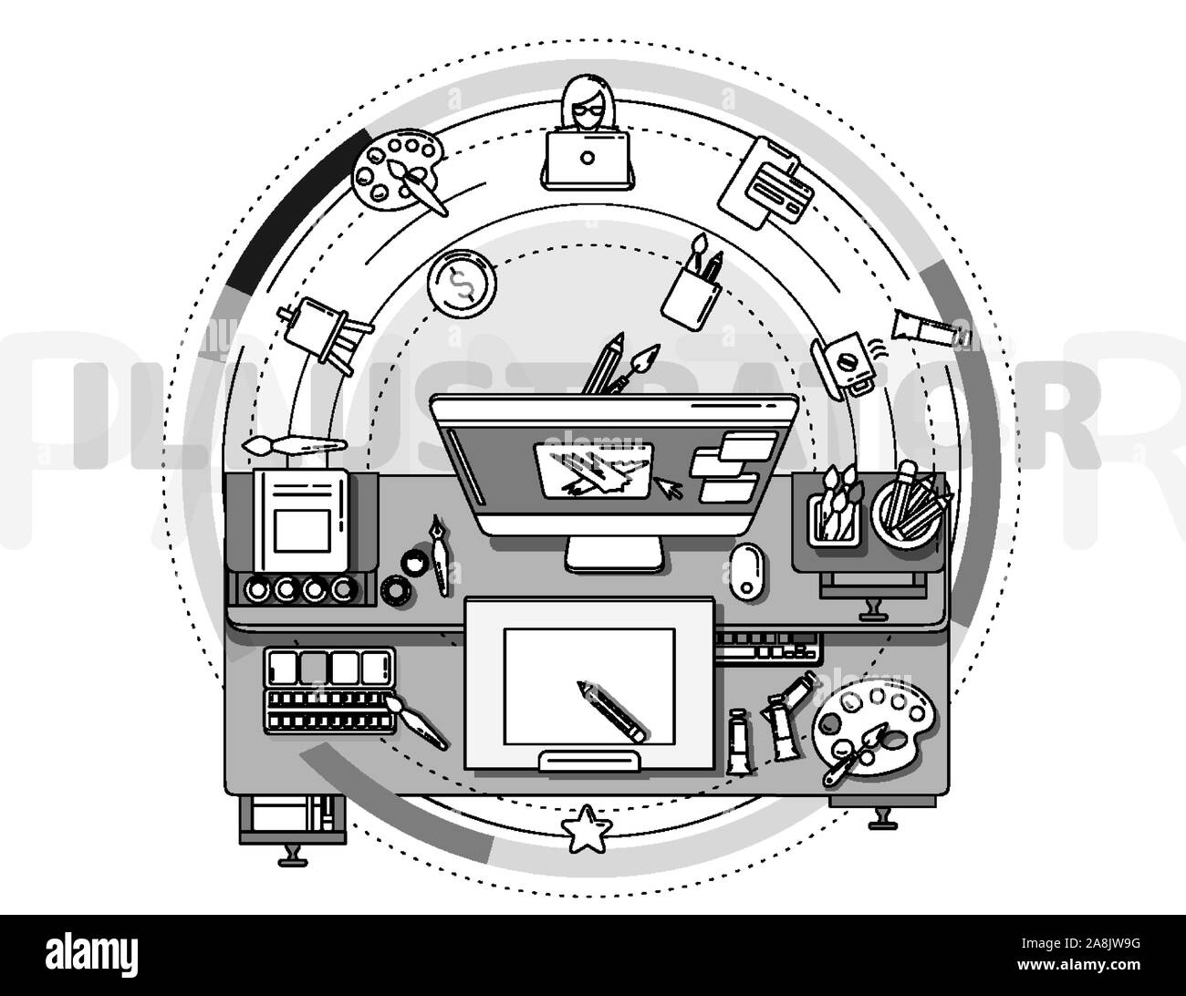 Promo für Illustratoren ist ein modernes, stilvolles Abbildung. Benutzen es zum Erstellen Werbematerial über ihre Leistungen und Fähigkeiten. Stock Vektor