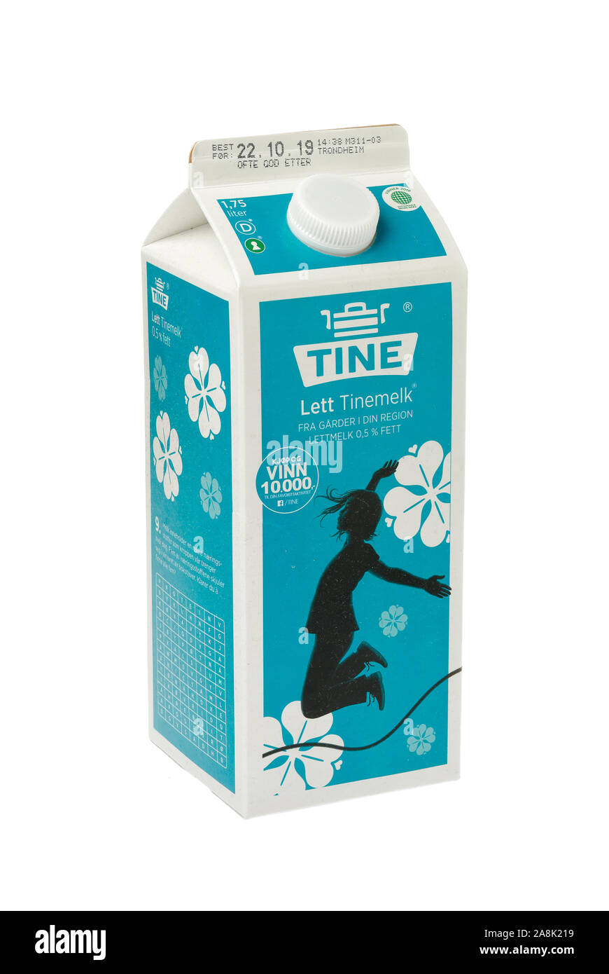 Trondheim, Norwegen - 9 November, 2019: eine Milch-Paket mit 1,75 Liter licht Milch für den norwegischen Markt von Tine produziert. Stockfoto