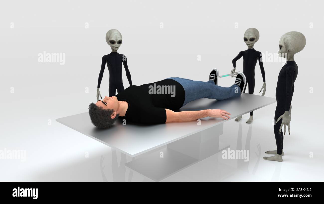 Alien Abduction mit drei grauen Außerirdischen und Menschlichen auf Chirurgie Tabelle extrem detaillierte und realistische 3D-Bild mit hoher Auflösung Stockfoto