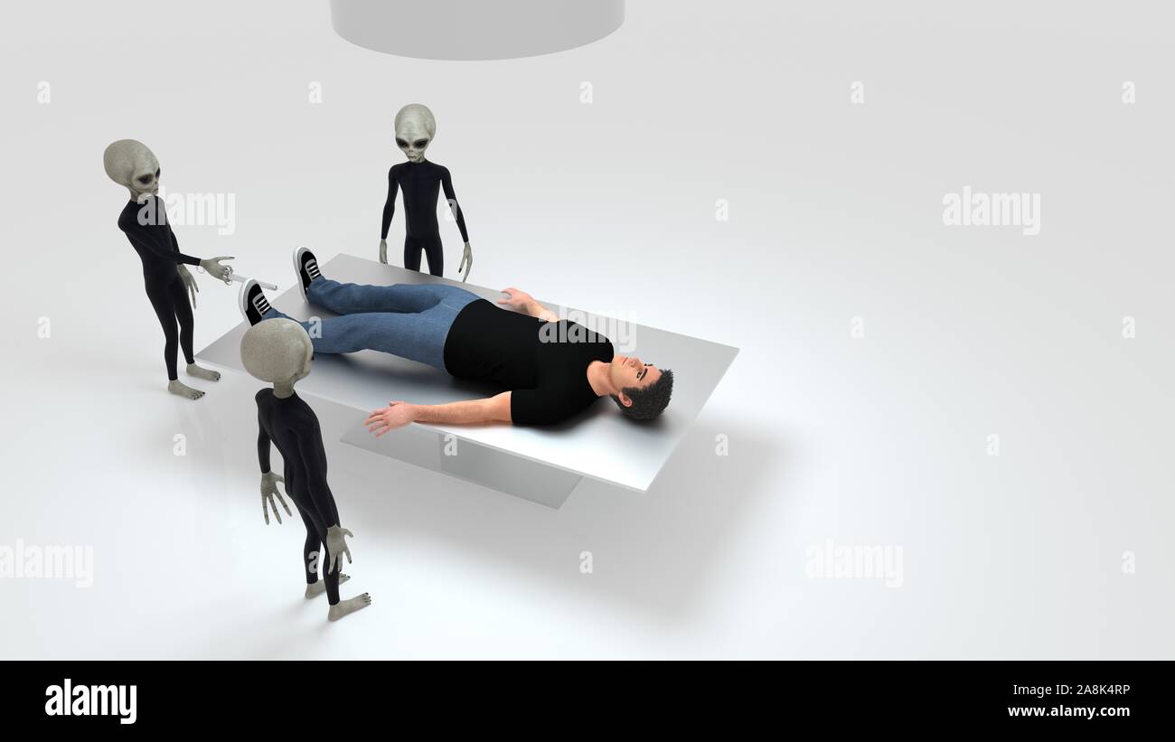 Alien Abduction mit drei grauen Außerirdischen und Menschlichen auf Chirurgie Tabelle extrem detaillierte und realistische 3D-Bild mit hoher Auflösung Stockfoto