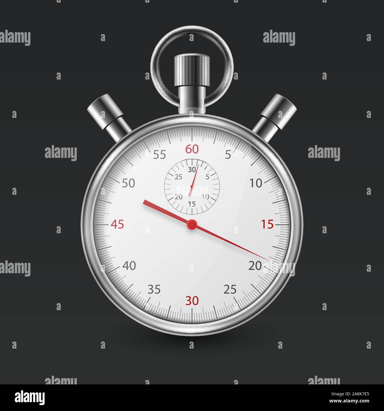 Realistische Silber Stahl Classic Stoppuhr-symbol Closeup isoliert auf schwarzen Hintergrund. Stoppuhr Design Vorlage. Sports Timer auf Wettbewerbe. Starten Stock Vektor