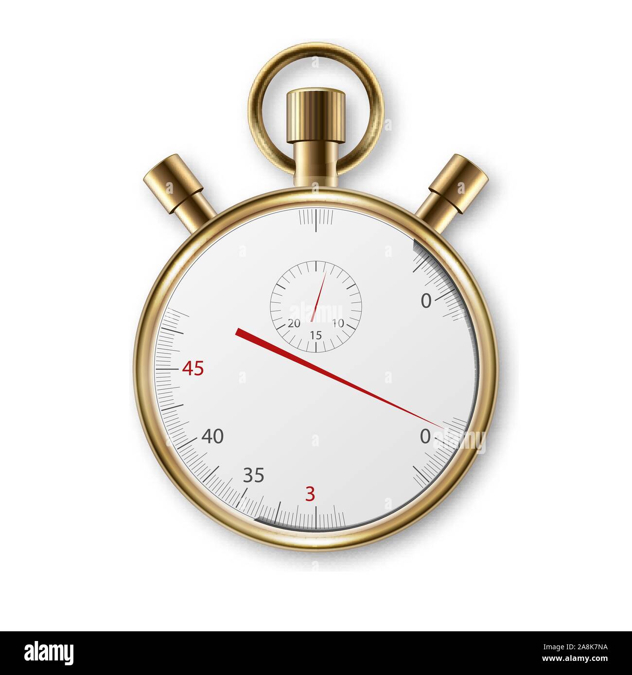 Realistische Metall Golden Klassik Stoppuhr-symbol Closeup isoliert auf weißem Hintergrund. Stoppuhr Design Vorlage. Sports Timer auf Wettbewerbe. Starten Stock Vektor