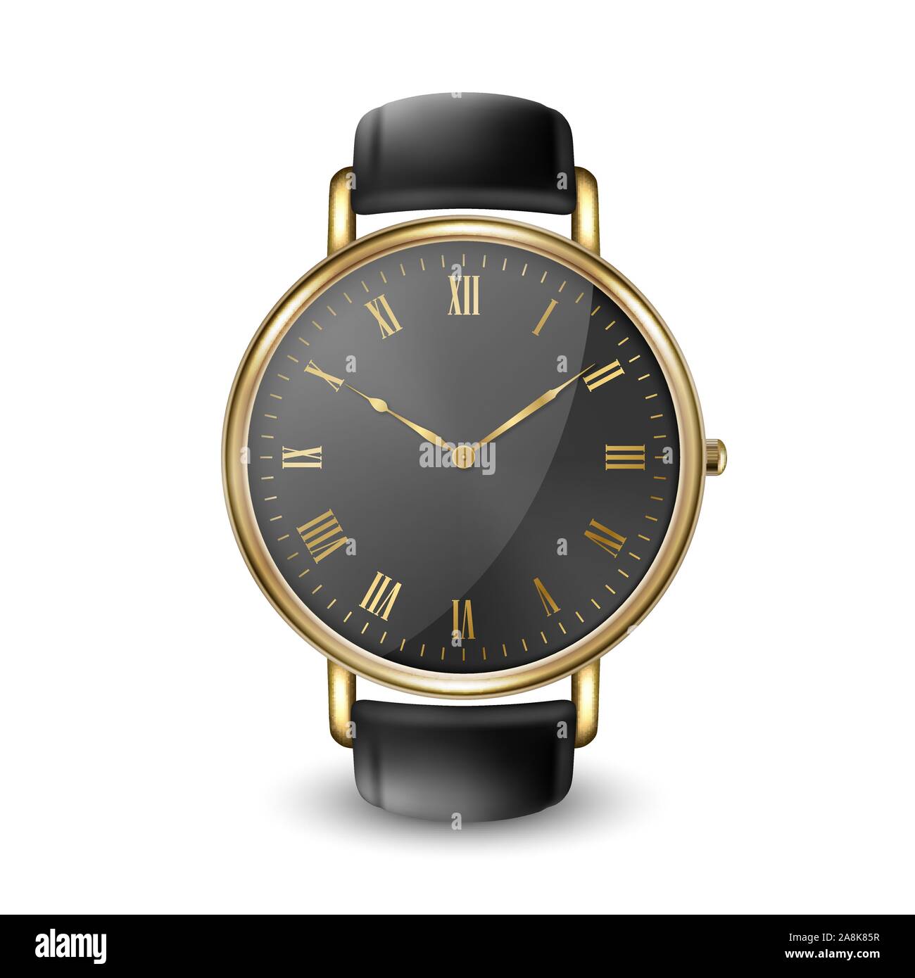Realistische Golden Classic Vintage Unisex Armbanduhr mit römischen Ziffern und schwarzem Zifferblatt Symbol Closeup isoliert auf weißem Hintergrund. Design Template von Stock Vektor