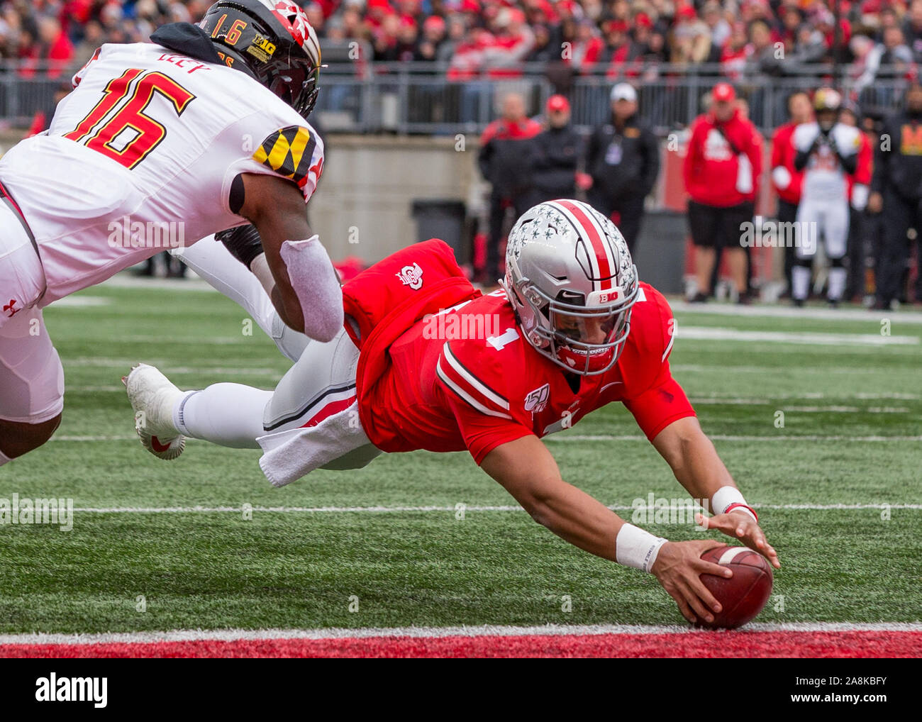 Columbus, Ohio, USA. 9 Nov, 2019. Ohio State Buckeyes Quarterback Justin Felder (1) Erstreckt sich der Ball nach einem Touchdown in der ersten Hälfte des Spiels zwischen dem Maryland Dosenschildkröten und die Ohio State Buckeyes am Ohio Stadium, Columbus, Ohio. Credit: Scott Stuart/ZUMA Draht/Alamy leben Nachrichten Stockfoto