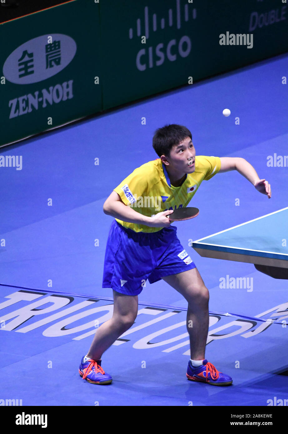 Tokio, Japan. 9 Nov, 2019. Japanische Tischtennis Spieler Tomokazu Harimoto von Japan während eines Spiels in der ITTF-Team Wm Tokio 2019 Foto am Samstag, den 9. November 2019 eingenommen. Foto: Ramiro Agustin Vargas Tabares Credit: Ramiro Agustin Vargas Tabares/ZUMA Draht/Alamy leben Nachrichten Stockfoto